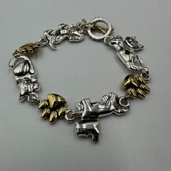3/$30 Cat Dog Charm Bracelet Silver Gold Mixed Metals Paw Print Toggle Clasp - Picture 2 of 13
